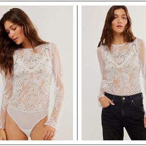 NWT FREE PEOPLE Intimately Mesh Lace Bodysuit Ivory Sequin Long Sleeve